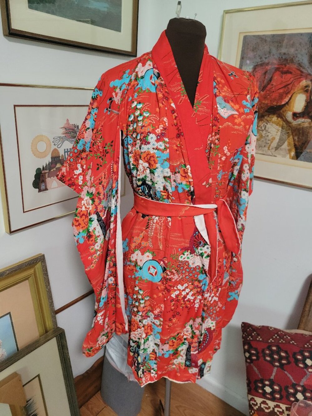 Vintage Japanese Short Kimono in Tomato Red